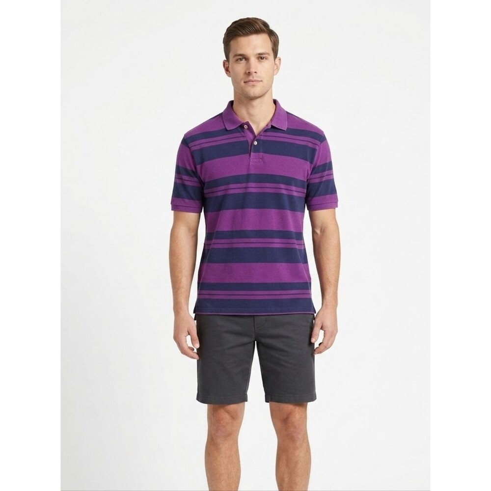 Perry Ellis Portfolio Polo Shirt Medium 100% Cotton Striped Purple Vintage